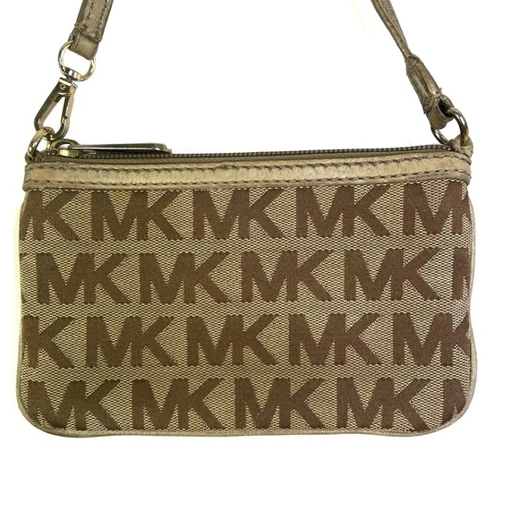 MICHAEL KORS SMALL POUCH MONOGRAM MK WRISTLET BROWN MK CANVA GOLD HARDWARE WOMEN - Picture 4 of 12